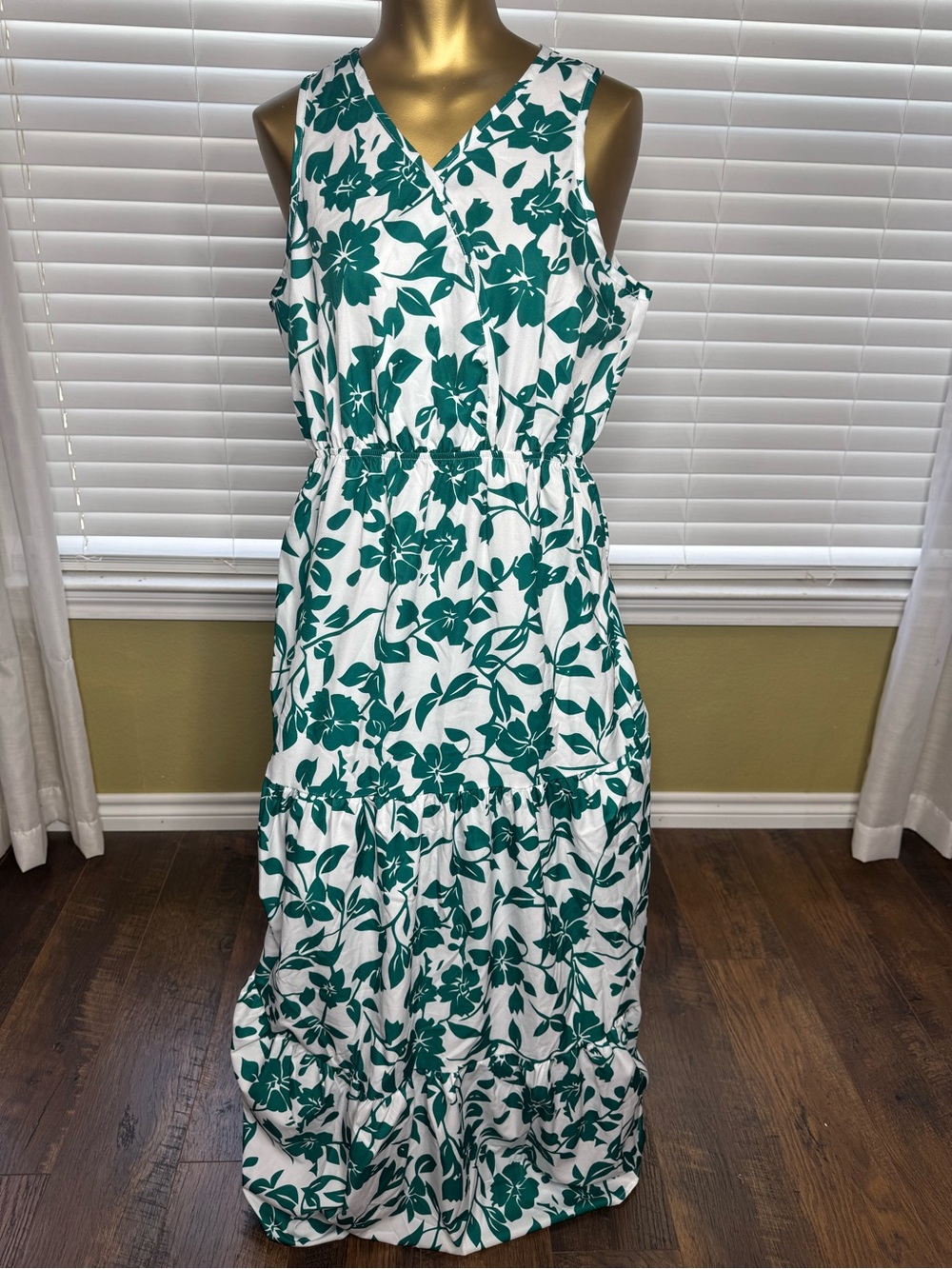 Sleeveless White Maxi Dress with Teal Floral Print - Casual Summer Dress